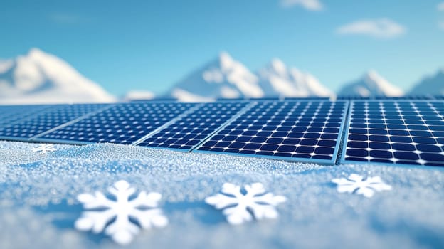 Close up of solar panels covered in fresh snowflakes, showcasing winter beauty.