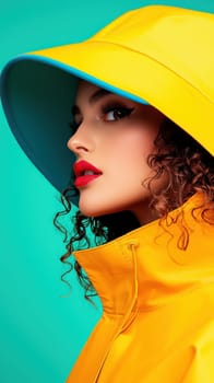 Bright yellow raincoat with stylish hat, showcasing vibrant fashion.