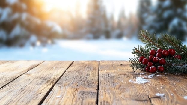 Winter holiday scene with wooden table, pine branches, and red berries.