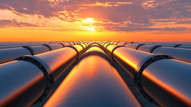 Pipelines stretch into horizon under vibrant sunset, creating stunning view.