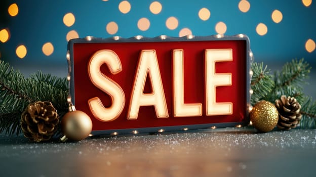 Festive SALE sign with illuminated letters, pine branches, and ornaments.