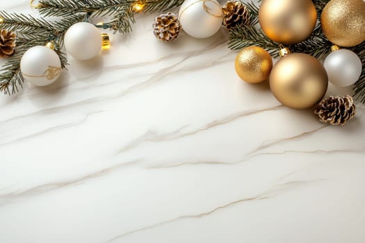 Luxurious Christmas decorations with gold and white ornaments on marble.