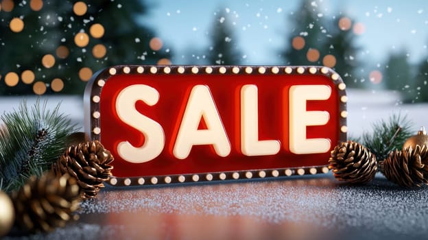 Festive SALE sign with illuminated letters, surrounded by pinecones and snow.
