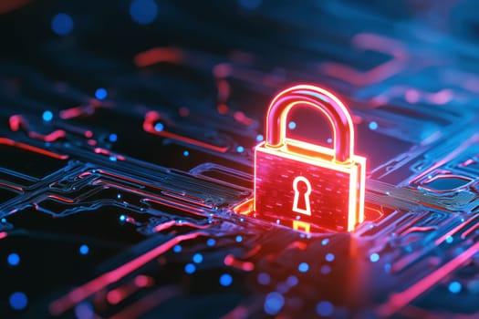 Cyber security concept with glowing 3D padlock on digital background.