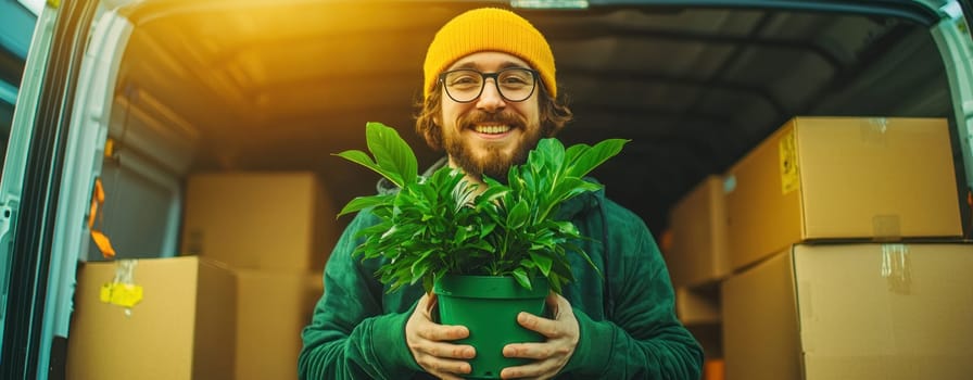 Happy homeowner holding lush green plant in moving van.