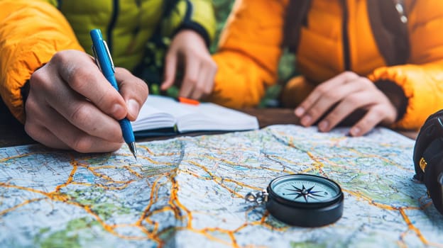 Explorers planning their adventure with map and compass in hand.