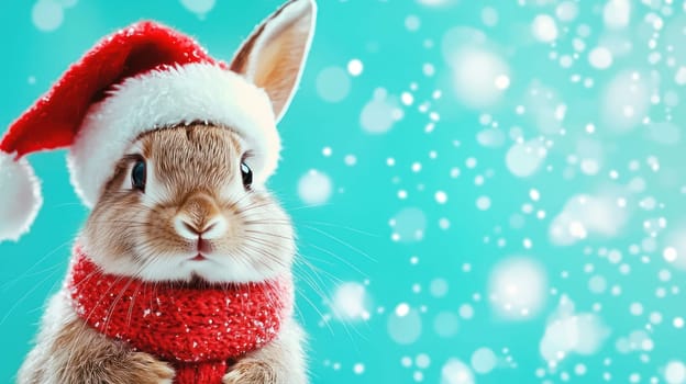 cute rabbit wearing Santa hat and red scarf, joyful and festive.