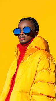 Stylish young man in yellow puffer jacket and blue sunglasses.