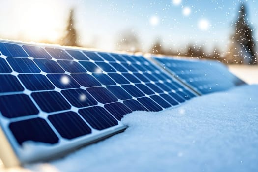 Solar panels covered in snow, glistening in winter sunlight.