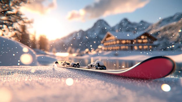 serene winter landscape featuring snow covered ski resort, with skis in foreground.
