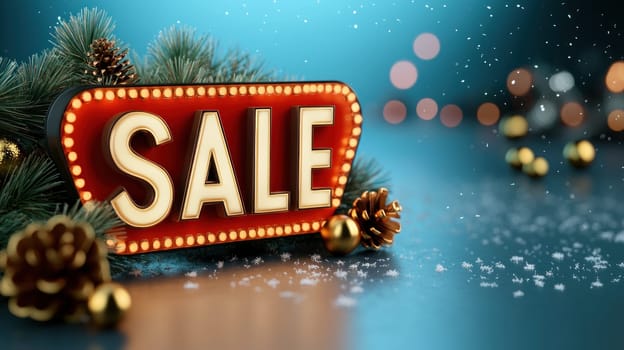 Festive sale sign with illuminated letters and holiday decorations.