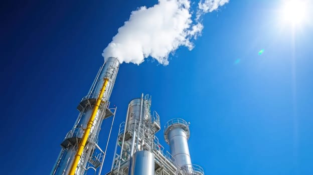Refinery plant with steam rising under clear blue sky, showcasing industrial activity.