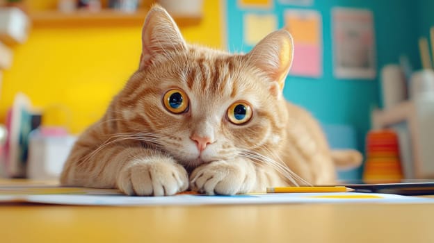 Curious cat lying on table with colorful background and stationery.