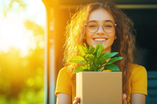Happy young homeowner holding potted plant in sunlight.