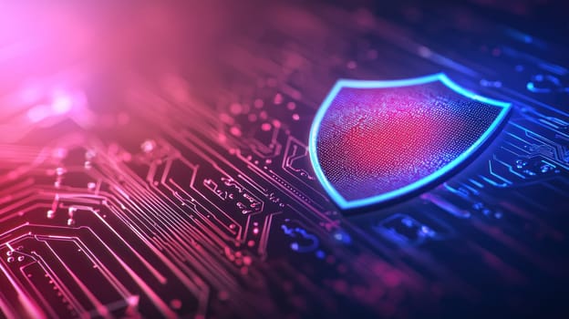 Digital shield representing data protection on circuit board background.
