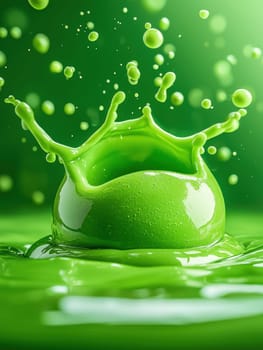 vibrant green juice splash frozen in motion, creating lively scene.