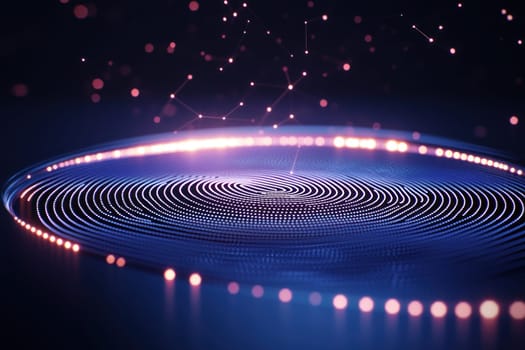 Digital abstract design with glowing circular patterns and stars.