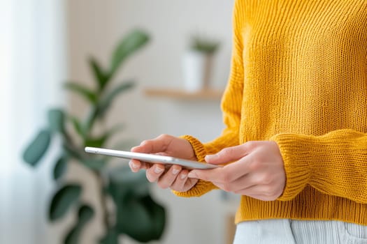 Cozy woman in yellow sweater using smartphone in bright room.