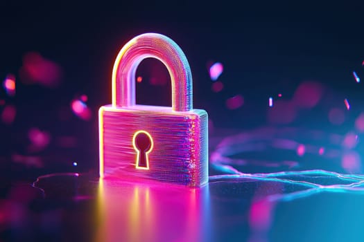 glowing 3D padlock symbolizes cyber security and digital protection.