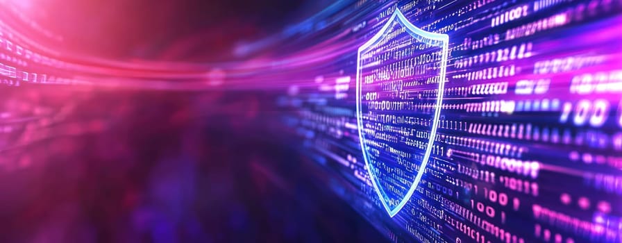 Digital shield icon with binary code background, symbolizing security.