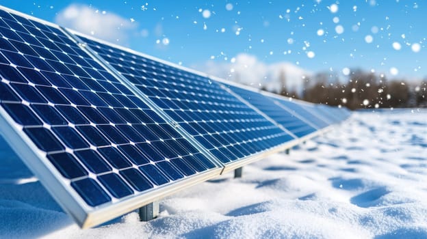 Fresh snowflakes on solar panels create serene winter scene.