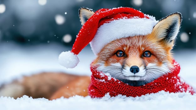 cute red fox wearing Santa hat and red scarf in snow.