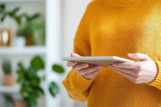person in cozy yellow sweater using tablet in bright room filled with plants.