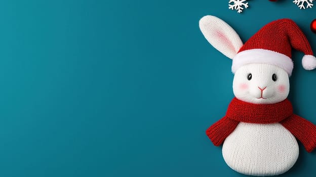 Cute rabbit wearing Santa hat and red scarf on blue background.
