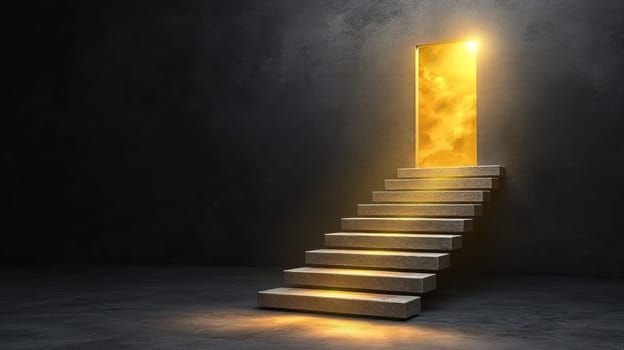 modern staircase leads to glowing open door, symbolizing hope.
