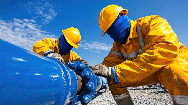 Workers in protective gear are inspecting large blue pipe under clear sky.