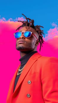 Vibrant man in stylish red suit and sunglasses against colorful background.