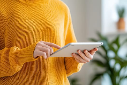 Engaged person using tablet in cozy indoor setting with plants.