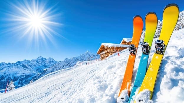vibrant scene of colorful skis resting on fresh snow under bright sun.