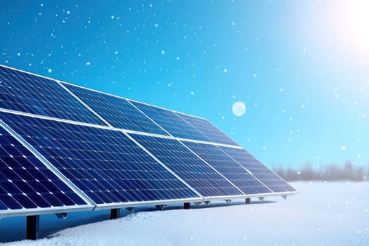 Snowfall on solar panel array under bright blue winter sky.