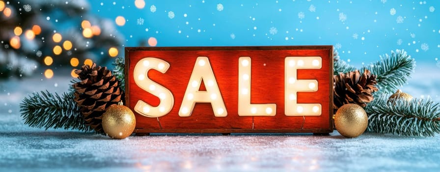 Festive sale sign with illuminated letters, pine cones, and ornaments.