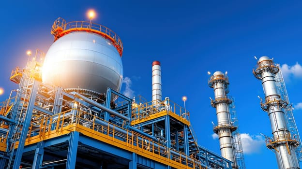 Industrial refinery complex with bright lights and blue sky.