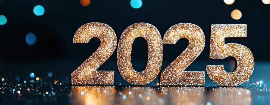 2025 in bold gold text shines brightly against dark background, creating festive atmosphere.