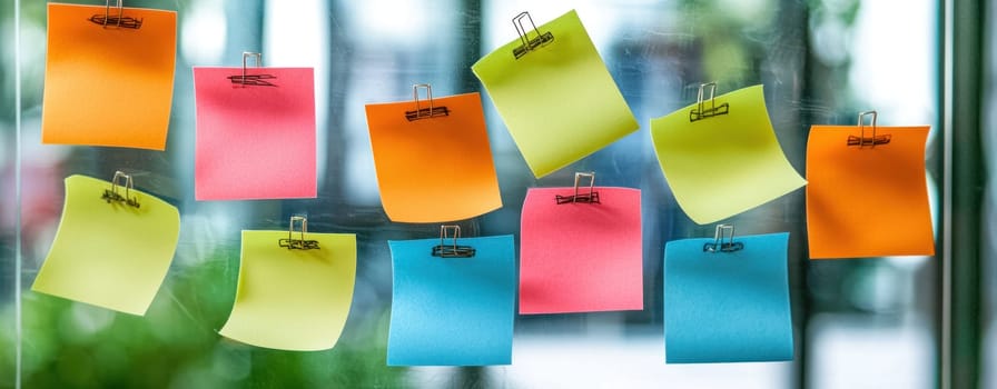 Colorful sticky notes arranged on glass surface, showcasing creativity and collaboration.