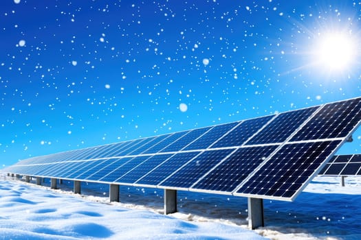 Snowfall on solar panel array under bright blue sky, creating serene winter scene.