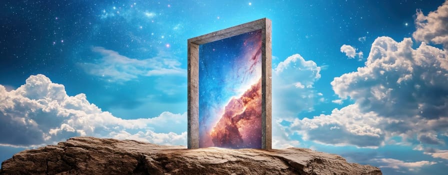surreal doorway on cliff reveals cosmic scene, evoking wonder.
