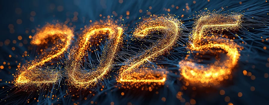 2025 in bold gold text shines brightly, surrounded by swirl of sparkling lights.
