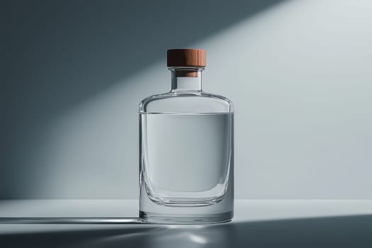 A minimalist studio composition featuring a transparent glass bottle with a wooden cap, elegantly holding clear water. The interplay of light and shadow creates a serene atmosphere, emphasizing simplicity and design.