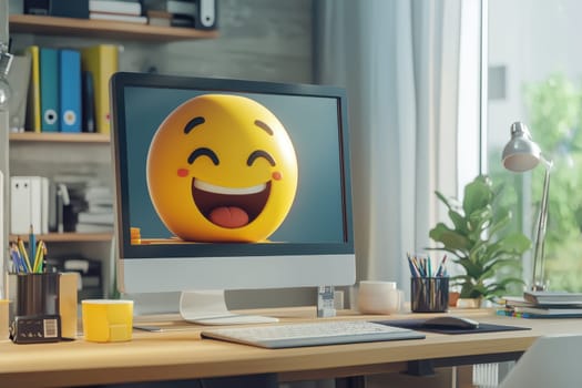 A vibrant emoji smiles on a computer screen in a modern workspace. The relaxing atmosphere is complemented by greenery and stylish office decor.
