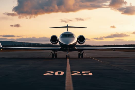 A sleek commercial airplane stands on the runway during a breathtaking sunset, with dramatic clouds painting the sky. Perfect for travel and aviation themes.