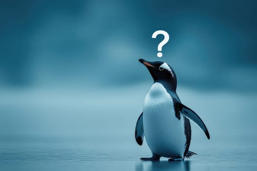 curious penguin standing in serene environment with question mark.