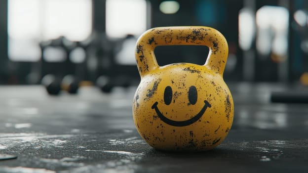 A vibrant yellow kettlebell with a smiley face rests on the gym floor, emphasizing a playful atmosphere for fitness activities and workouts.