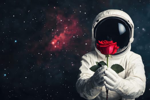 Astronaut holding red rose in space, surrounded by stars.