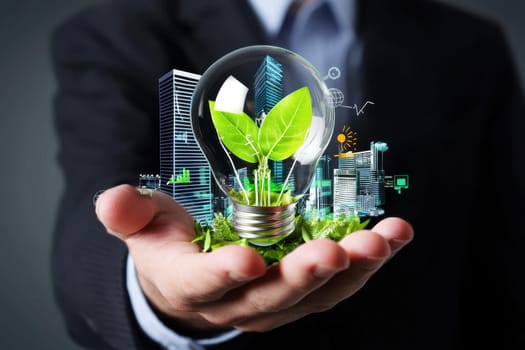 A businessman holds a glowing light bulb symbolizing innovation and sustainability, surrounded by green elements and a modern cityscape, highlighting eco-friendly solutions.