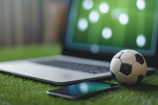 Online sports betting with laptop, smartphone, and soccer ball.