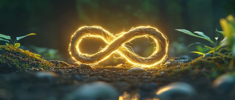 This artistic image features a glowing infinity symbol made of intertwined roots, surrounded by lush greenery. It represents connection and harmony in nature.